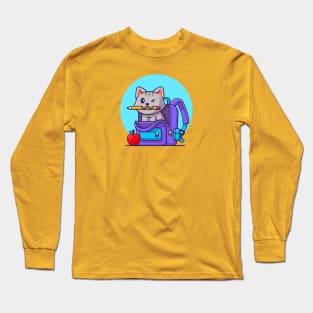 Cute Cat Biting Pencil With Bag And Apple Cartoon Long Sleeve T-Shirt